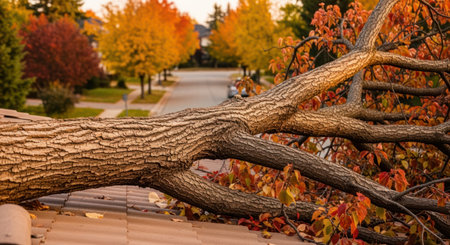 Large tree branch with rough brown bark and vibrant autumn leaves fallen onto a residential roof. a quiet neighborhood street with colorful fall trees is visible in the background, depicting storm damage or natural disaster.の素材