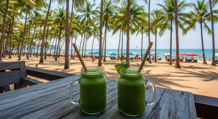 Healthy green smoothies in mason jars with bamboo straws on a rustic wooden table, overlooking a sunny tropical beach with palm trees and distant vacationers enjoying the ocean.の素材