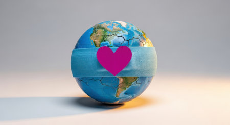 Cracked earth globe wrapped in a light blue medical bandage with a pink heart. symbolizes environmental protection, global health, planet healing, and care for a fragile world.の素材