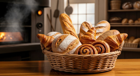 A rustic woven basket filled with freshly baked artisanal breads, baguettes, croissants, and cinnamon rolls, with a warm oven in a traditional bakery setting.の素材
