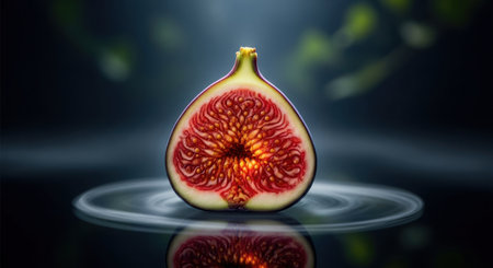 Fresh fig, cut in half, showcasing its vibrant red interior with numerous seeds. placed on a dark, reflective surface with subtle ripples, highlighting its natural beauty and freshness.の素材