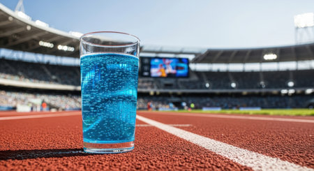 Vibrant blue sports drink in a clear glass with effervescent bubbles on a red running track. a blurred stadium with spectators and a scoreboard is visible in the background, symbolizing energy, hydration, and athletic performance.の素材
