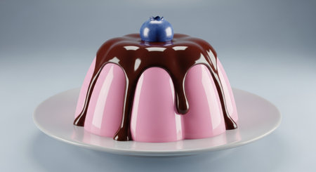 Pastel pink pudding, rounded and domed, drenched with thick dripping dark chocolate sauce, topped with a single glossy blueberry, presented on a white plate. sweet, delicious, and indulgent dessert.の素材