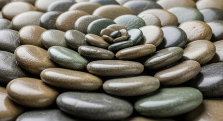 Polished smooth river stones arranged in an abstract spiral pattern, showcasing natural colors and wet textures. ideal for themes of balance, nature, and tranquility.の素材