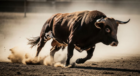 Powerful dark brown bull with white markings running at high speed, kicking up dust in a dry, sandy arena. dynamic action shot symbolizing strength, power, and determination.の素材