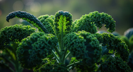 Lush, dark green kale leaves thrive in an organic garden, showcasing their vibrant texture and healthy growth. a close up of fresh, nutritious vegetable.の素材