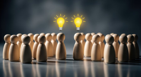 Group of wooden peg dolls with two glowing lightbulbs above, symbolizing collective intelligence, teamwork, innovation, and new ideas within a community or business group.の素材