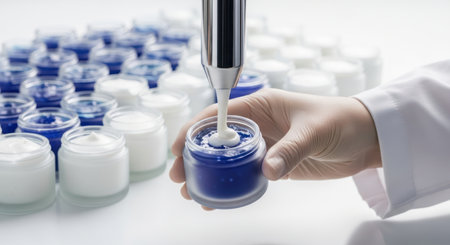 Hand in a white lab coat dispensing white cosmetic cream into a blue jar, symbolizing quality control and beauty product manufacturing.の素材