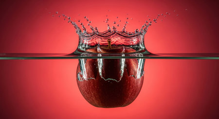 Red apple falling into water, creating a dynamic splash and crown effect. fresh fruit, healthy eating, and refreshment concept on a vibrant red background.の素材
