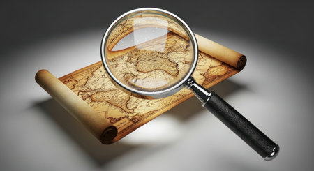 Magnifying glass rests on an antique rolled map, revealing magnified details of old world geography. concept of discovery, exploration, history, and research.の素材