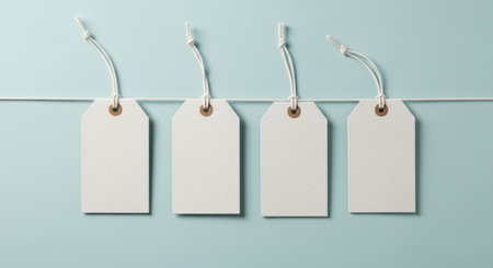 Four blank rectangular recycled paper tags with rounded corners hang on a string against a light blue background. ideal for pricing, labeling, or gift messages, offering copy space for various uses.の素材