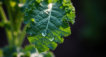 Vibrant green kale leaf with two glistening dew drops, showcasing fresh texture and natural hydration. healthy organic vegetable detail in close up.の素材