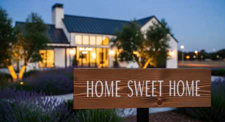 Wooden home sweet home sign prominently displayed in front of a modern residential house with warm lights at dusk. represents comfort, welcome, and new beginnings in real estate and housing.の素材