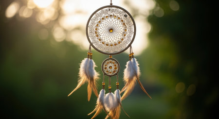 Detailed dreamcatcher with intricate web, white and brown feathers, and golden beads, hanging outdoors. illuminated by warm, soft sunlight against a green bokeh background.の素材