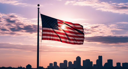 American flag waving on a flagpole, silhouetted against a dramatic sunset sky with clouds. a city skyline is visible in the distance, emphasizing national pride and urban landscape.の素材