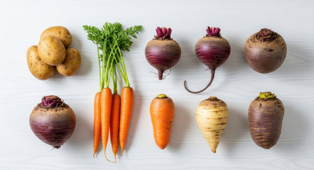 Assortment of fresh root vegetables including potatoes, carrots, beetroots, and parsnip, arranged neatly on a white wooden surface. healthy, organic, and natural food ingredients.の素材