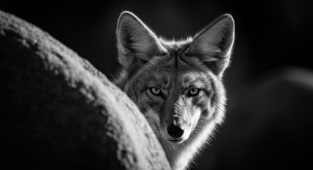 Wild coyote in a dramatic black and white portrait, peeking from behind a natural element. its piercing eyes convey intensity, watchfulness, and a predatory nature.の素材