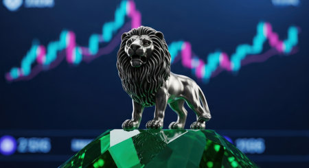 Silver lion figurine standing proudly on a faceted green gem, set against a blurred background of a vibrant financial stock market chart, symbolizing strength and investment.の素材