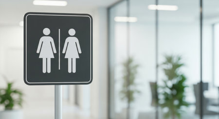 Dark gray rectangular restroom sign featuring two white female symbols, indicating a women only facility in a modern office environment with blurred glass walls.の素材