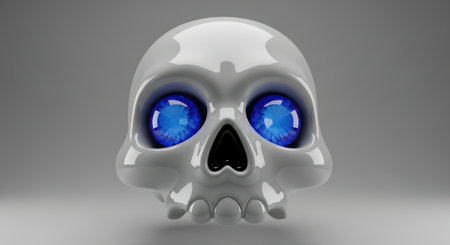 Simplified glossy white skull featuring prominent glowing sapphire blue eyes and a dark nose cavity. modern 3D stylized design for various creative concepts.の素材