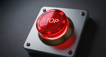 Glowing red STOP button on a brushed aluminum industrial control panel. symbolizes emergency, warning, danger, and control. ideal for safety, halt, and urgent concepts.の素材