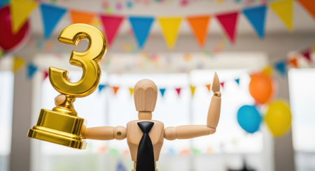 Wooden artist mannequin wearing a black tie, triumphantly holding a gleaming golden trophy with the number three, surrounded by colorful party banners and balloons. represents third place achievement and success.の素材