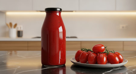 Deep red glass bottle of organic tomato paste stands next to a plate of fresh ripe tomatoes on a dark marble kitchen counter. healthy cooking ingredient for sauce or juice.の素材