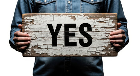 Man in a blue denim shirt holding a weathered wooden sign displaying the word YES. represents agreement, approval, confirmation, and positive decision.の素材