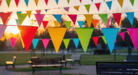 Vibrant colorful triangular bunting flags strung across multiple lines, creating a festive atmosphere in a blurred park setting with benches and a warm sunset glow.の素材