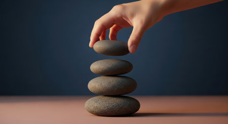 Woman hand carefully places the last smooth dark grey basalt stone on a stack, symbolizing balance, stability, and harmony. a serene and focused moment of creation.の素材