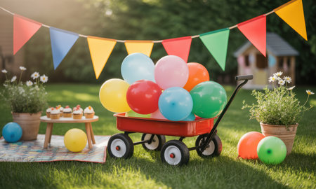 Vibrant outdoor celebration scene featuring a red wagon filled with colorful balloons, festive bunting flags, and sweet cupcakes on a small table in a sunny garden, perfect for a child birthday or summer event.の素材