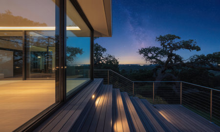 Modern architectural design with a glass walled home and an outdoor wooden deck, lit by subtle lights, set against a dark blue night sky filled with stars and distant trees.の素材
