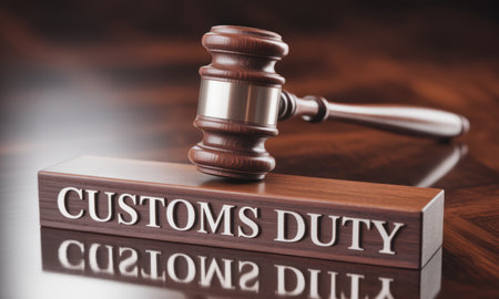 Polished wooden gavel rests on a rectangular block displaying CUSTOMS DUTY text on a reflective wooden surface. represents legal aspects of international trade, import export regulations, and taxation.の素材