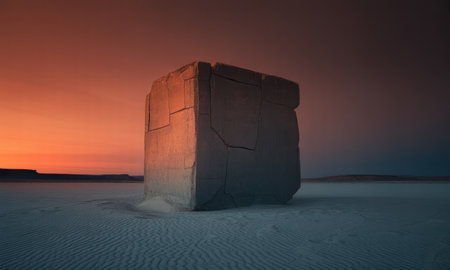 Weathered concrete block, resembling a monolith, stands in an expansive desert landscape. the scene is bathed in the warm glow of a sunset, with a gradient sky from orange to deep blue, emphasizing solitude and abstract form.の素材