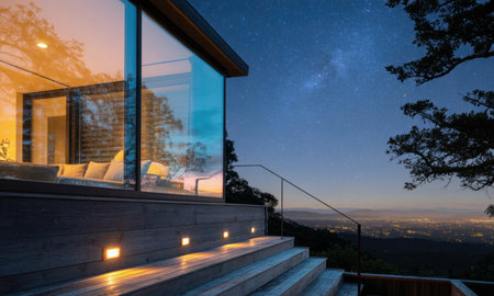 Modern house exterior at twilight, featuring a large glass window reflecting a vibrant, star filled night sky. illuminated steps lead to a deck overlooking distant city lights and a vast landscape.の素材
