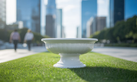 Empty white ceramic pedestal on vibrant green grass in an urban park. blurred modern skyscrapers and people walking in the background create a dynamic city scene.の素材