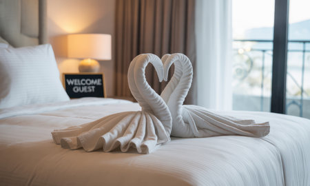 Two white towels intricately folded into swan shapes, forming a heart on a neatly made hotel bed. a WELCOME GUEST sign is visible in the background, indicating hospitality and comfort.の素材