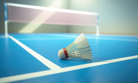 Badminton shuttlecock with white feathers and red band on a vibrant blue court with white lines and a net in the background. sports equipment for competition and recreation.の素材