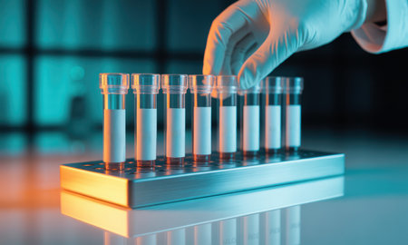 Gloved hand of a scientist carefully placing a clear test tube with a white label into a metal rack in a modern laboratory setting, highlighting scientific research and analysis.の素材