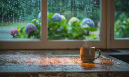 Steaming coffee mug on a wet wooden counter. raindrops on window glass, colorful hydrangeas blooming in the garden outside, creating a cozy and peaceful atmosphere.の素材