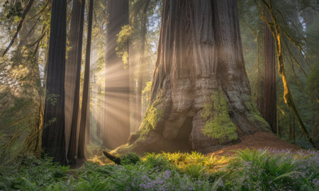 Ancient redwood forest with towering trees and lush ferns, illuminated by dramatic golden sun rays piercing through the dense canopy, creating a mystical and serene natural scene.の素材