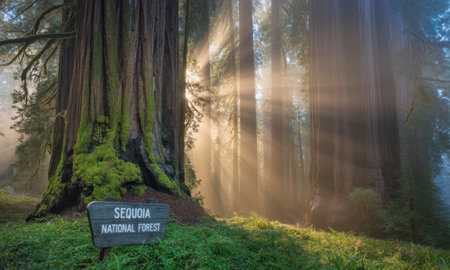Giant redwood trees in sequoia national forest with ethereal sun rays filtering through dense fog and canopy, illuminating lush green undergrowth.の素材