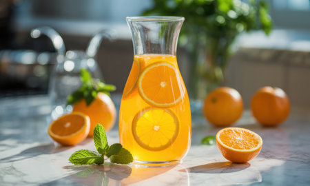 Freshly squeezed orange juice in a glass carafe with floating orange slices and mint leaves on a sunlit marble kitchen counter, surrounded by whole and halved oranges. healthy, refreshing citrus drink.の素材