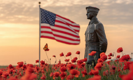 Bronze soldier statue stands in a vibrant field of red poppies with an american flag waving at golden hour, symbolizing remembrance and sacrifice.の素材