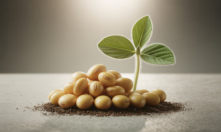 Pile of golden soybean seeds with a fresh green sprout growing from dark soil. represents agricultural growth, healthy food, and new life development.の素材