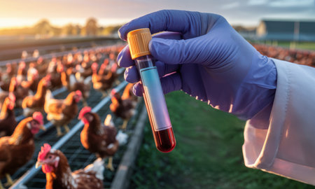 Gloved hand of a veterinarian holds a blood sample tube containing red liquid, with a blurred chicken farm in the background. focus on poultry disease research, animal health, and food safety.の素材