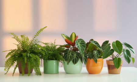 Lush green houseplants in colorful pots arranged in a row on a white surface. diverse foliage includes ferns and other tropical plants, illuminated by soft natural light, creating a fresh home decor scene.の素材