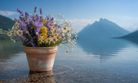 Colorful wildflower bouquet featuring lavender, daisies, and yellow blooms in a terracotta pot, placed in clear lake water with majestic mountains under a blue sky.の素材