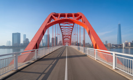 Vibrant red steel truss bridge extends over a calm river, connecting to a dynamic city skyline with towering skyscrapers under a clear blue sky. modern urban infrastructure and transportation.の素材