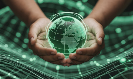 Cupped hands gently holding a glowing green holographic earth globe, encircled by bright digital network lines. represents global connection, technology, environment, and sustainability concepts.の素材